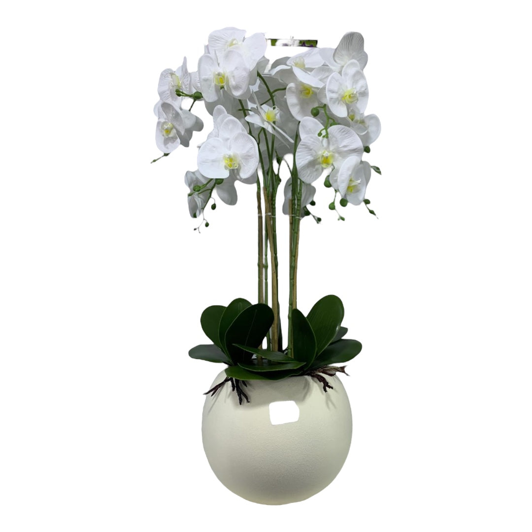 White Faux Orchids in Large Ceramic Bowls