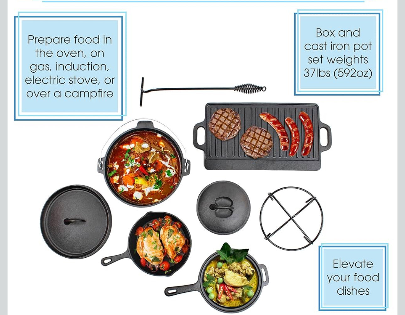 MHome 7 Piece Heavy Duty Cast Iron Dutch Oven Camping Cooking Set