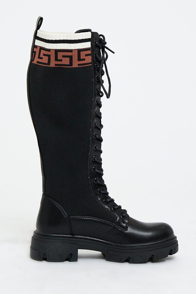 Ladies Black Pu Faux Leather Contrast  Detailing Knee High Boots