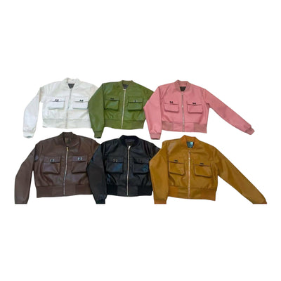 Ladies Faux Leather Crop Jacket - Long Sleeve Casual Wear-Various Colours