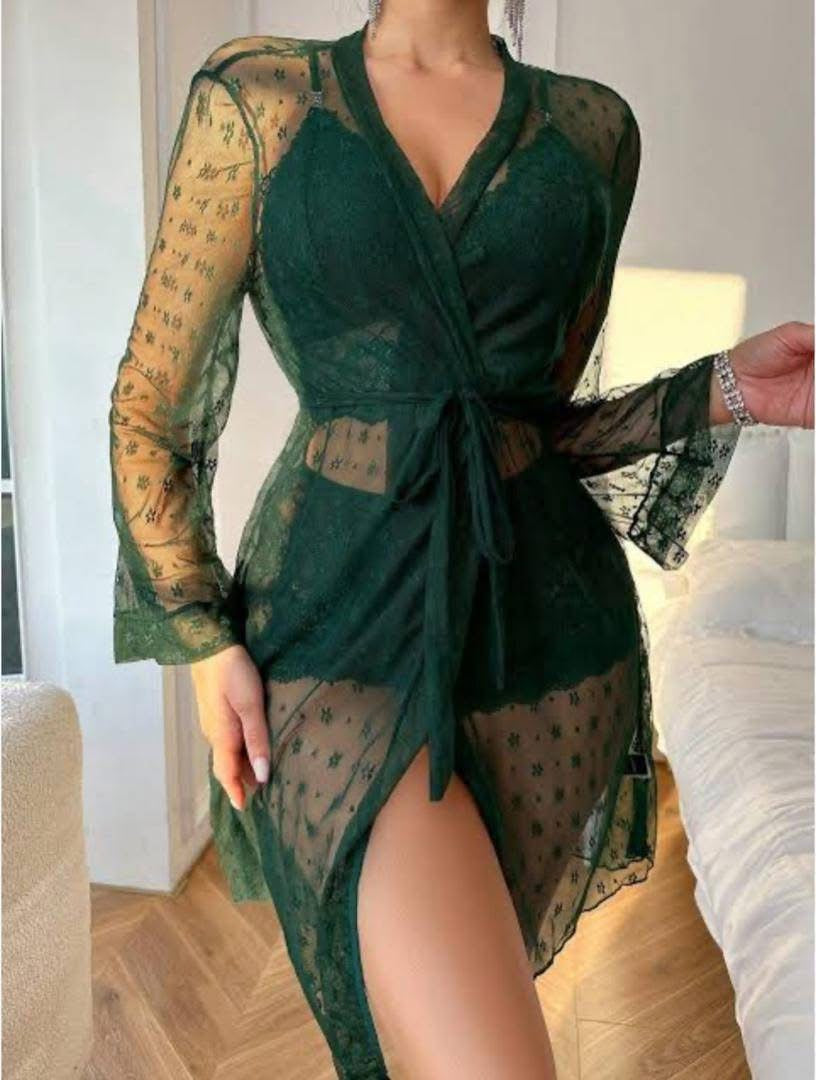 Womens Sexy Lingerie Robe Set - 3 Piece Women's Lingerie Lace Floral Robe with Bra and Panty Set Babydoll Sheer Nightgown-Various Colours