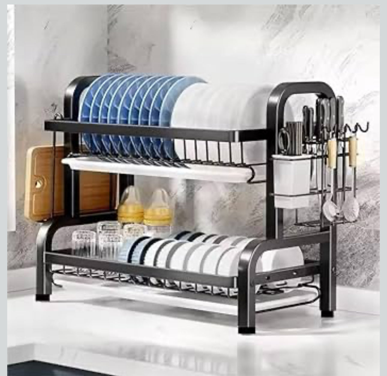 MHome 2-Tier Stainless Steel Dish Rack – Durable Organizer for Plates, Cups & Utensils