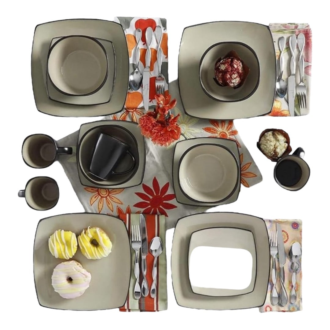 DINNERWARE SET 16-Piece Plates Bowls Mugs Dishes Stoneware Square Dinner Kitchen