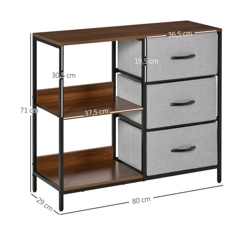 MFURN Narrow Fabric Chest of Drawers, Fabric Dresser with 3 Folding Drawers, 3 Open Shelves and Wide Top, Dresser for Bedroom, Living Room and Hallway, Walnut, Light Gray & Dark Gray Options
