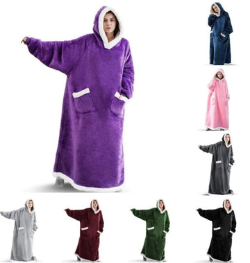 Huggle Super Long Wearable Blanket Hoodie – Flannel Fleece with Sleeves & Sherpa Lining