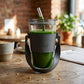 MHome Glass Tumbler with Leather Sleeve and Straw, 450ML,Clear|Stylish Coffee & Juice Sipper Bottle|Reusable Water Cup with Straw & Lid |Premium Clear Drinking Bottle for Gym,School &Travel.