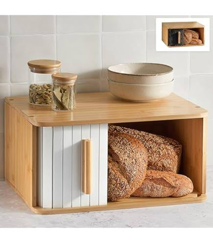 MHome Wooden Bread Box for Kitchen – Keeps Bread Fresh for Longer – Space Saving Design – Black or White Options