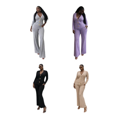 Ladies Knitted 2pc Cardigan & Wide Pants Sets -Various Colours