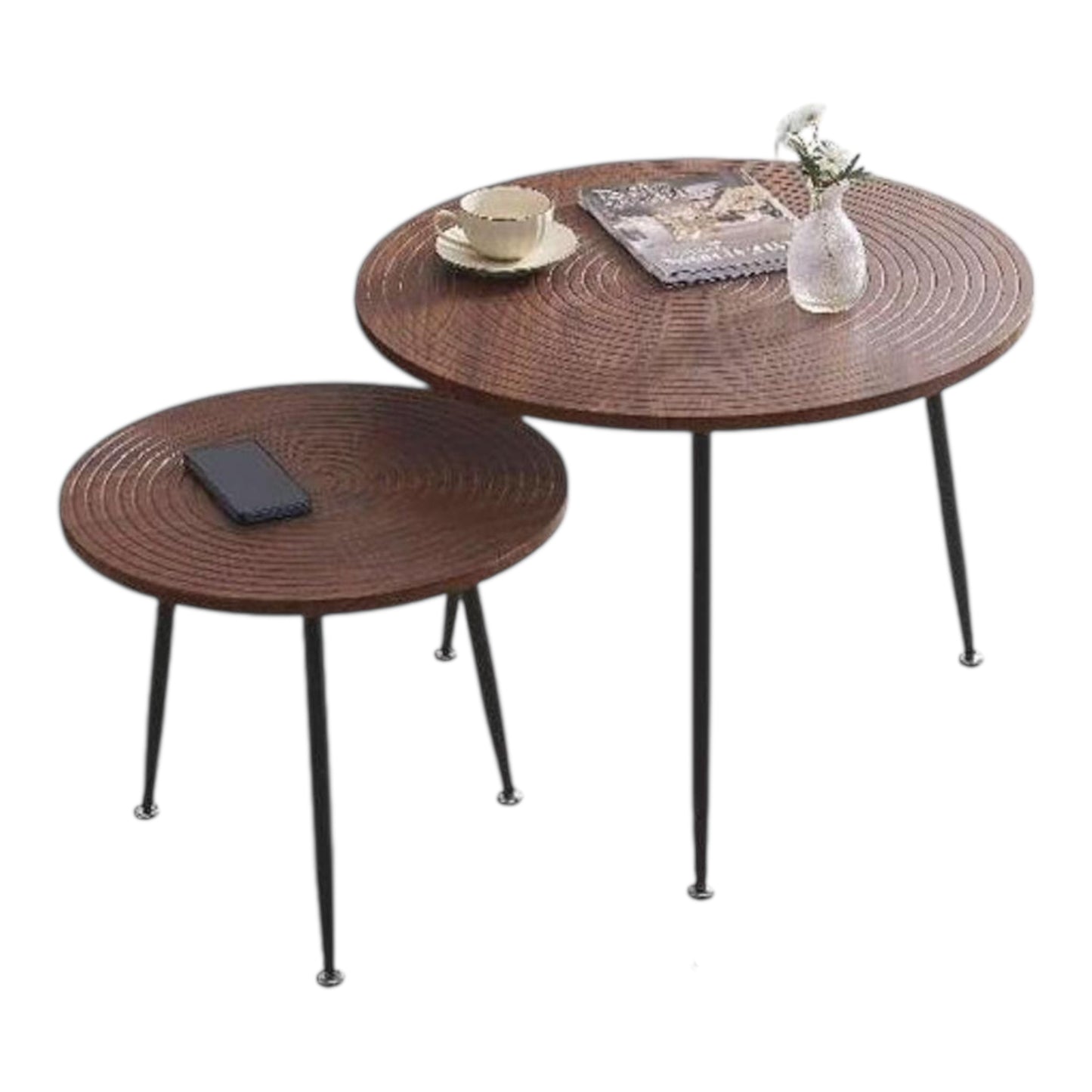 MFurn 2pc Nesting Side Tables – Round Wood Top with Sturdy Metal Frame