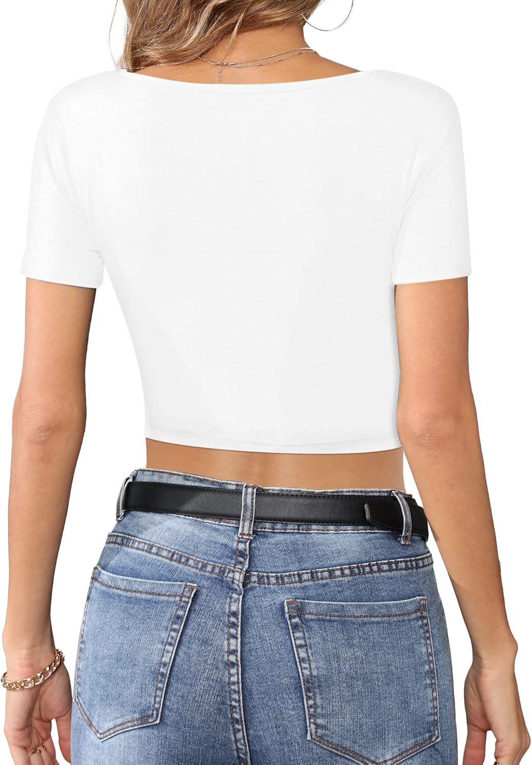 Women’s Short Sleeve Square Neck Crop Tops Basic Slim Fit Cropped T-Shirt