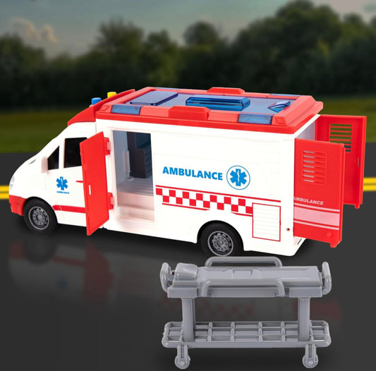 Ambulance Toy Truck for Kids ,Lights & Siren, Friction-Powered 1/16 Scale Rescue Toy Ambulance, Emergency Vehicle Toys with Removable Stretcher, Doors Open for Immersive Imagination