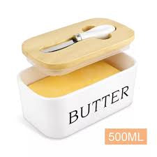 MHome Ceramic Butter Dish With Bamboo Wooden Lid & Butter Knife-Various Colours