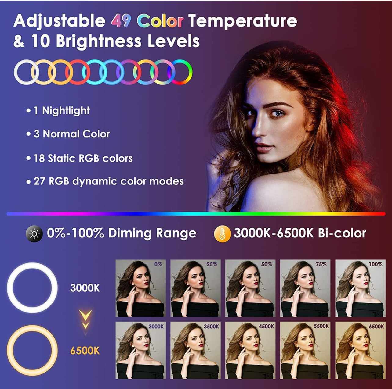 RGB,White ,Cold & Warm White Ring Light for Social Media With Tripod Stand 56cm 22 inch