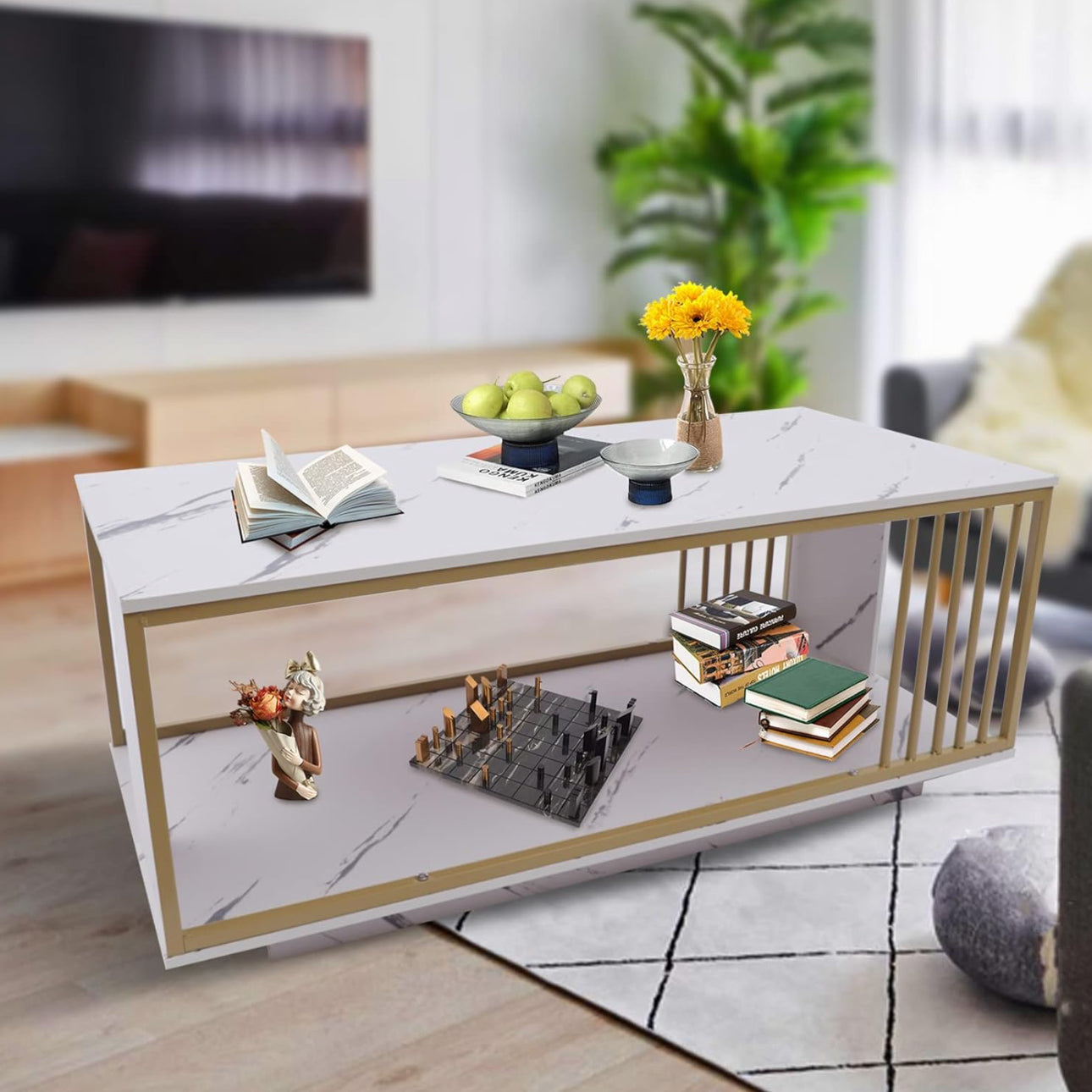 MFurn Nordic 2-Tier Storage End Table – Rectangular Coffee Table with Gold Frame