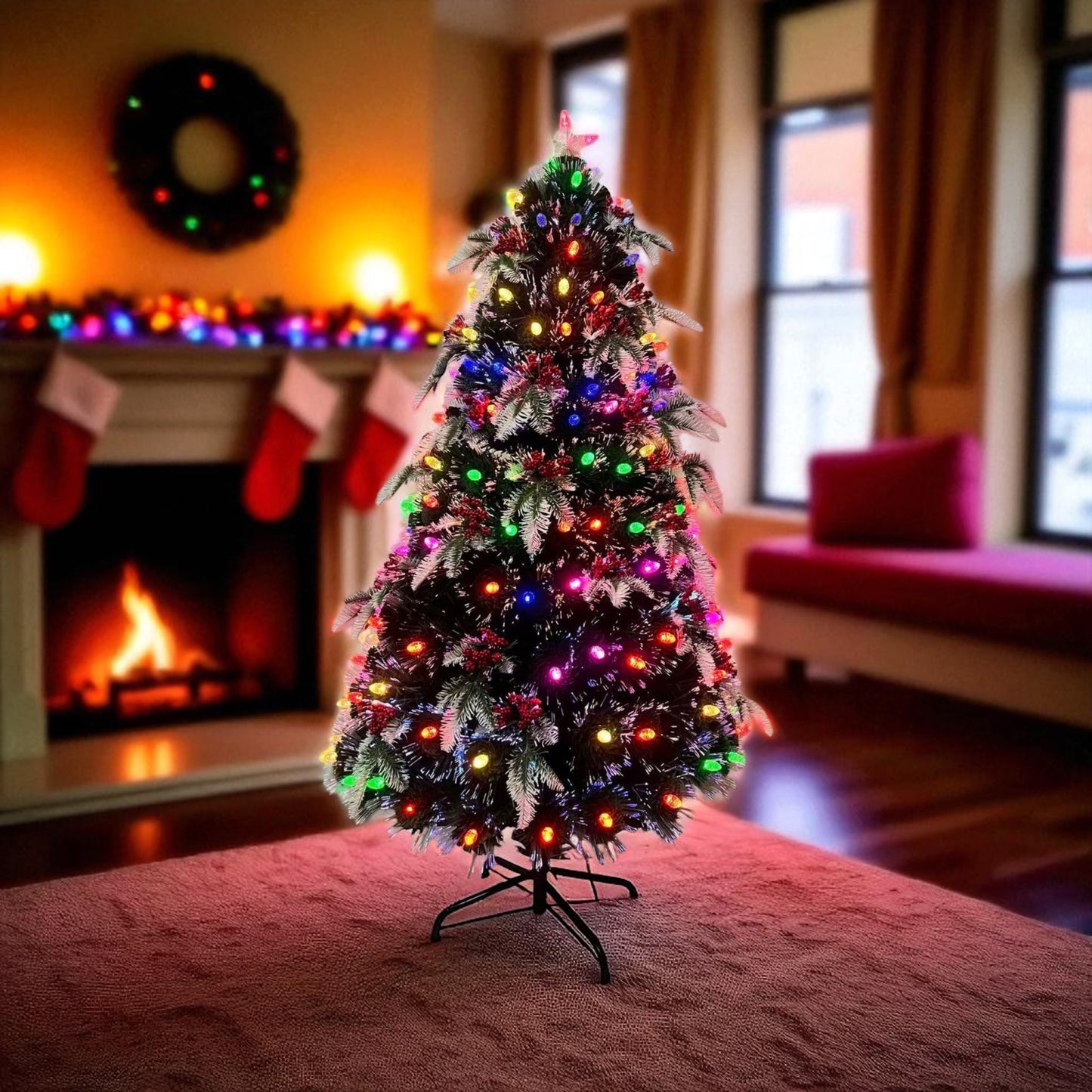 MHome Christmas Tree Pre-Lit Fiber Optic Artificial Pine Christmas Tree,Multicoloured LED Lights & Stand-Various Options