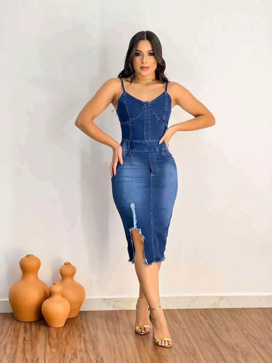 Ladies Denim Dress, Medi Length With Frayed Hem