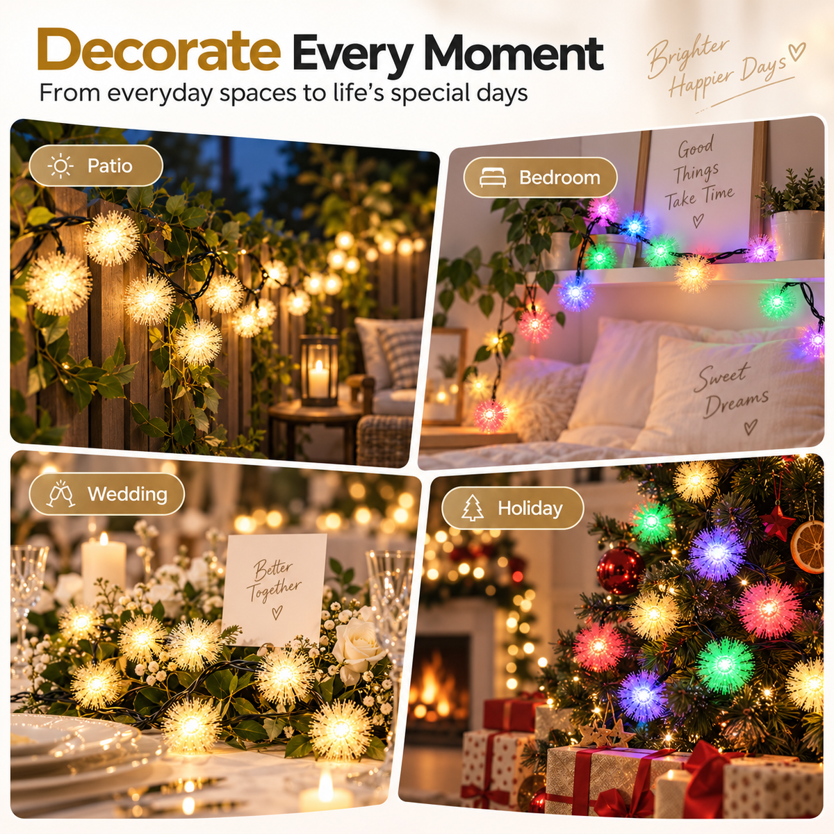 Solar Fur Pom-Pom String Lights, 5m with 20 LEDs, Multicolour Outdoor Decoration