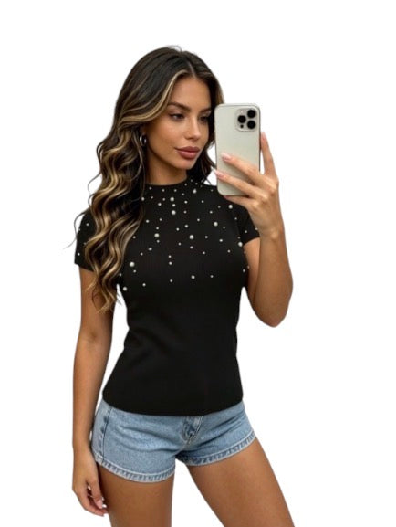 Ladies Pearl Embellished Short Sleeve Tops-Various Colours