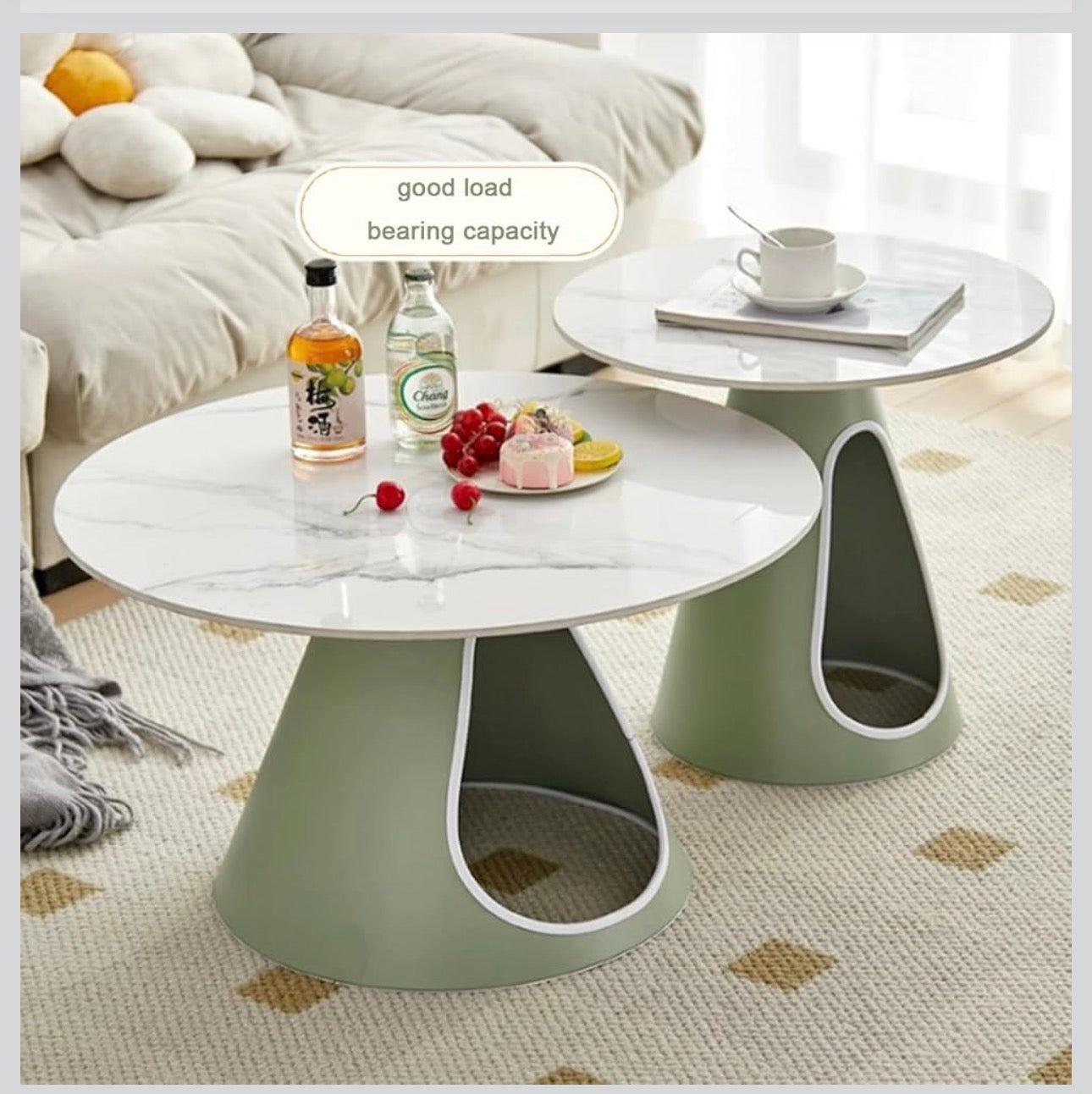 MFURN Modern Minimalist Round Stone Slab Iron Coffee Table 2-Tier For Living Room