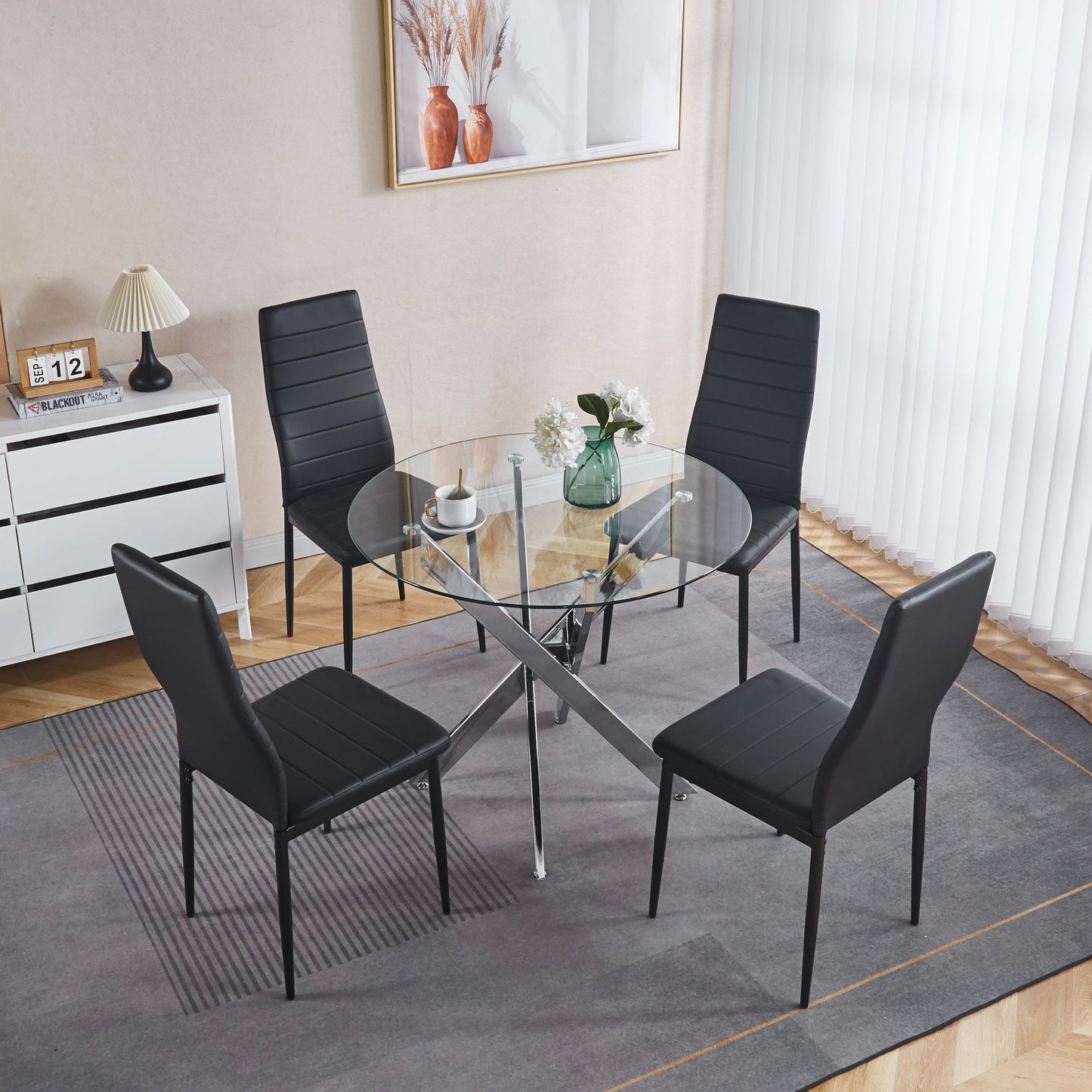 MFURN 130cm Round Glass Dining Table with Chrome Cross Metal Legs