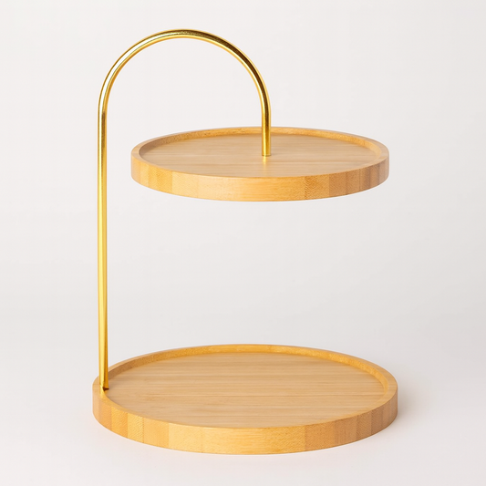 MHome 2-Tier Bamboo Serving Stand with Gold Metal Handle Round