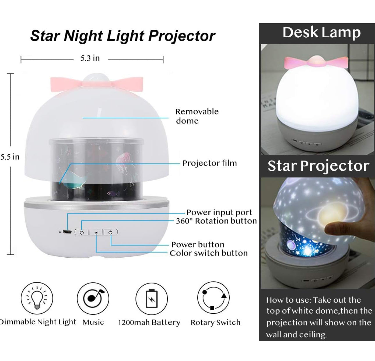 Night Light Projector,Howap Kids Star Night Light,360-Degree Rotating Colors Changing Desk Lamp with Built-in Song,Carousel,Space,Star,Sea,Birthday,Rose,6 Themes Projector lamp for Kids,Bedroom,Party