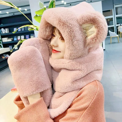 Ladies Plush Hat, Autumn And Winter Scarf, Hat And Gloves All-in-one Adult Ladies Style