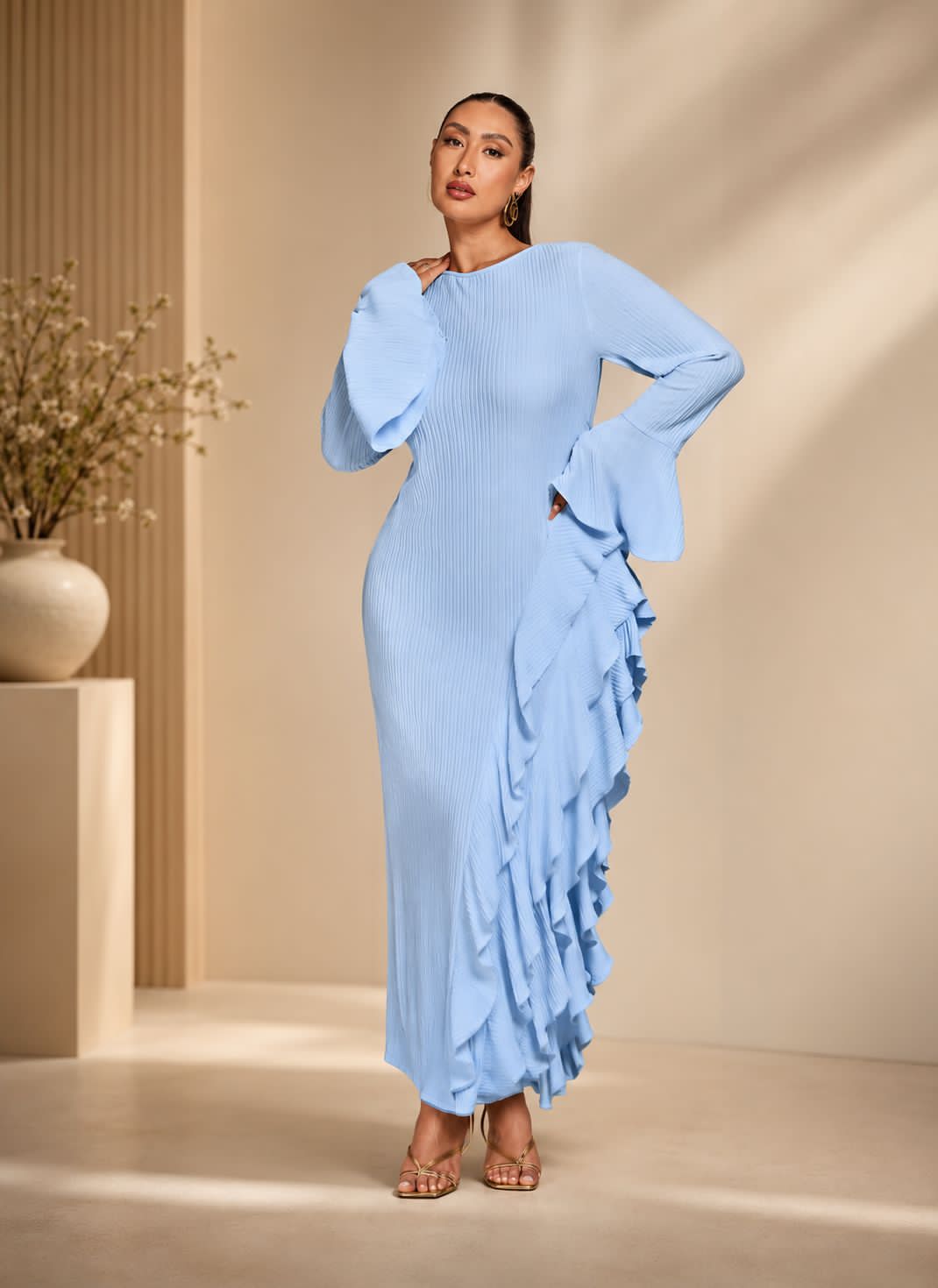 Ladies Elegant Long-Sleeved Ribbed Maxi Dress-Various Colours