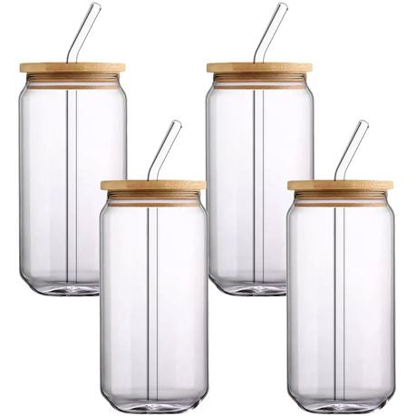 MHome 4-Piece Drinking Glass Set with Bamboo Lids & Glass Straws (380ml)