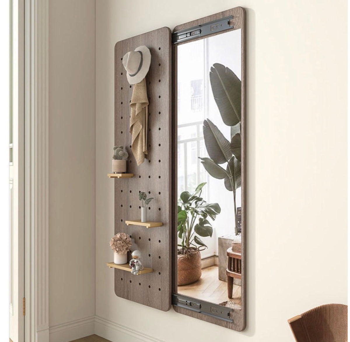 MFURN Multifunctional Full Length Mirror Wood With Shelf And Hooks 120x40cm