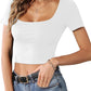 Women’s Short Sleeve Square Neck Crop Tops Basic Slim Fit Cropped T-Shirt