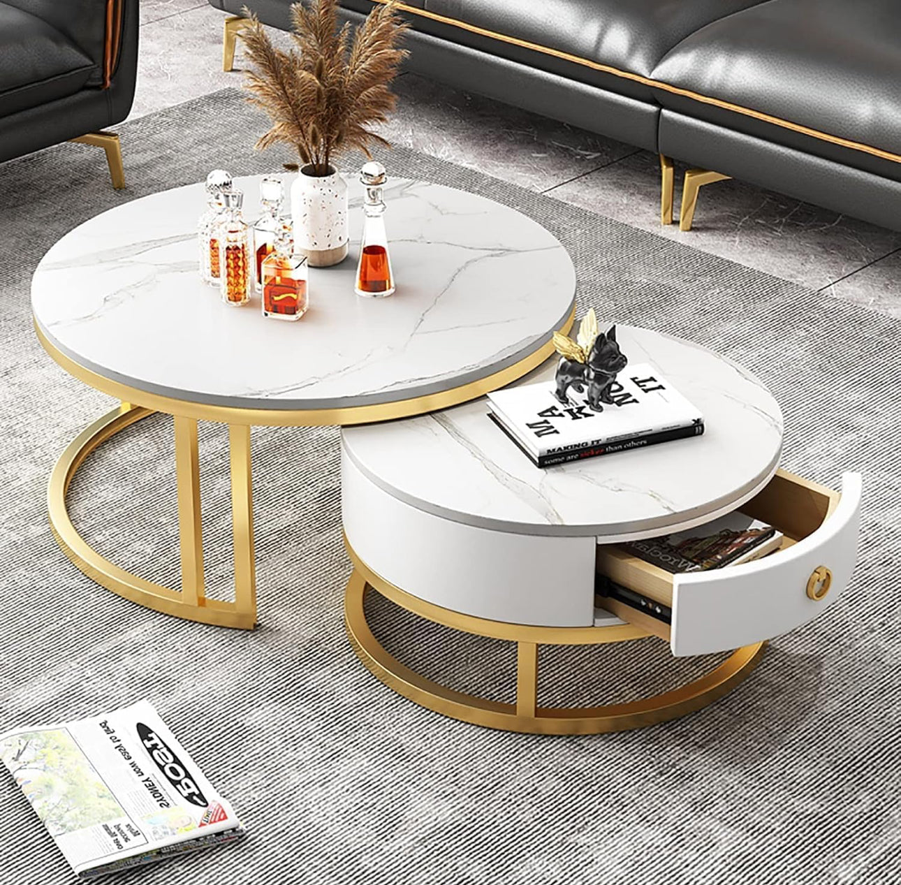 MFURN 2pc Nesting Modern Table Set – Marble Look with Storage Drawer