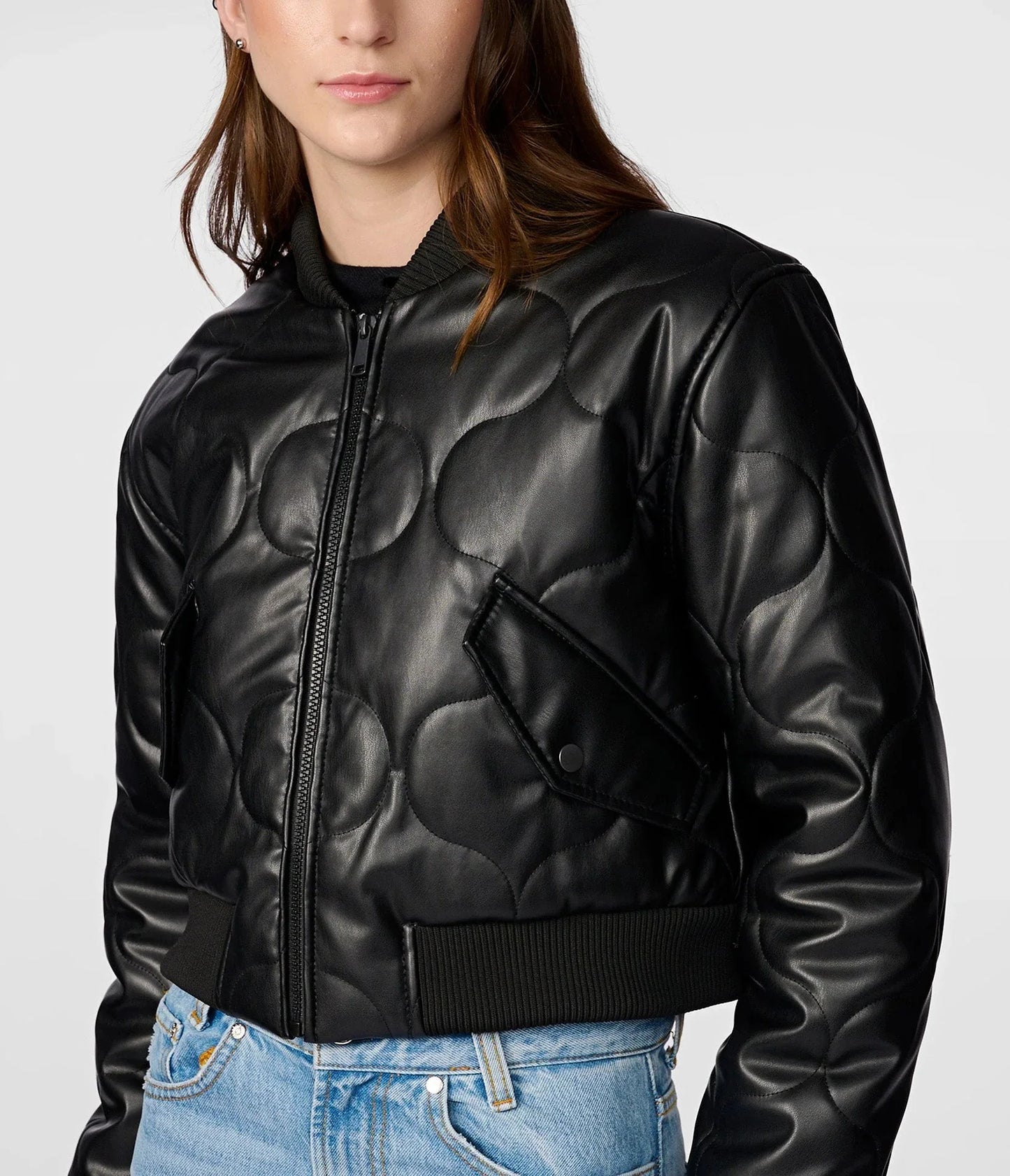 Ladies Cropped Faux Leather Bomber Jacket-Various Colours