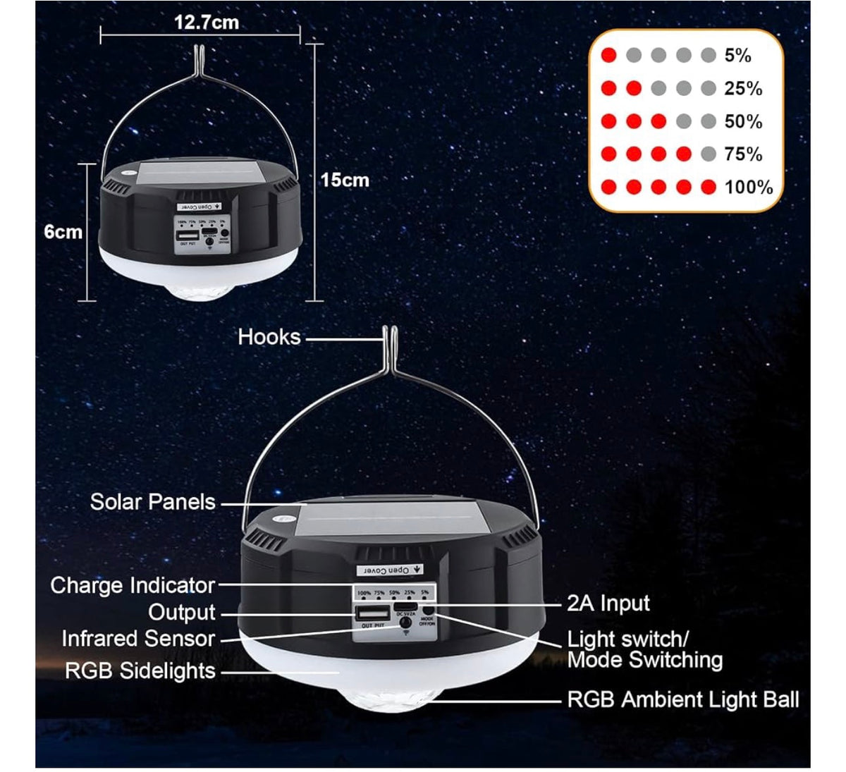 Mtech Solar Powered RGB Remote Controlled Camping Party Light With Hook