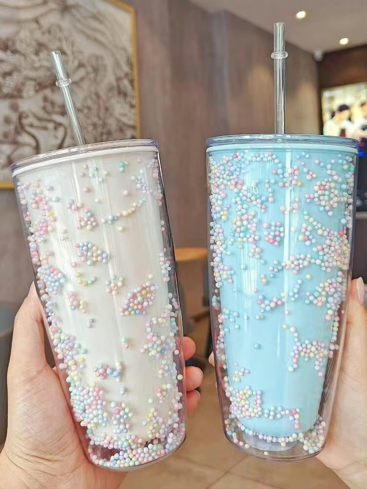 MHome Bubble Straw Cup Rainbow Girl Double Plastic Cup Students Creative Office Home Large Capacity Tumbler