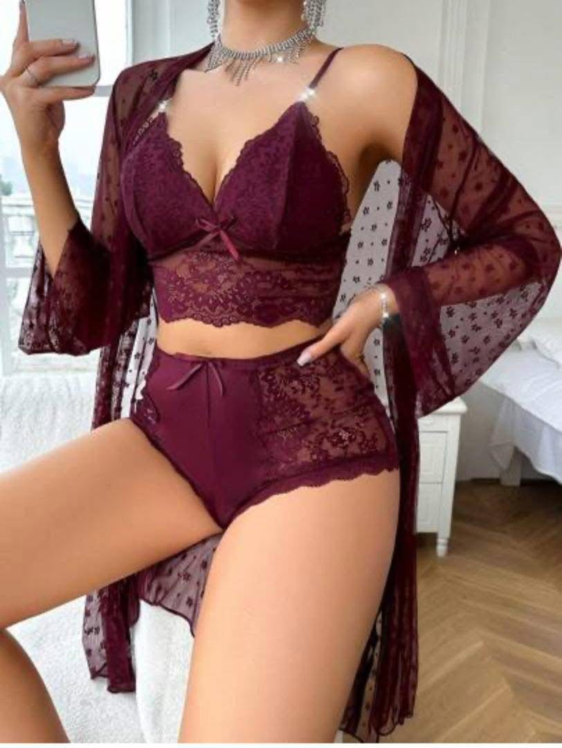 Womens Sexy Lingerie Robe Set - 3 Piece Women's Lingerie Lace Floral Robe with Bra and Panty Set Babydoll Sheer Nightgown-Various Colours