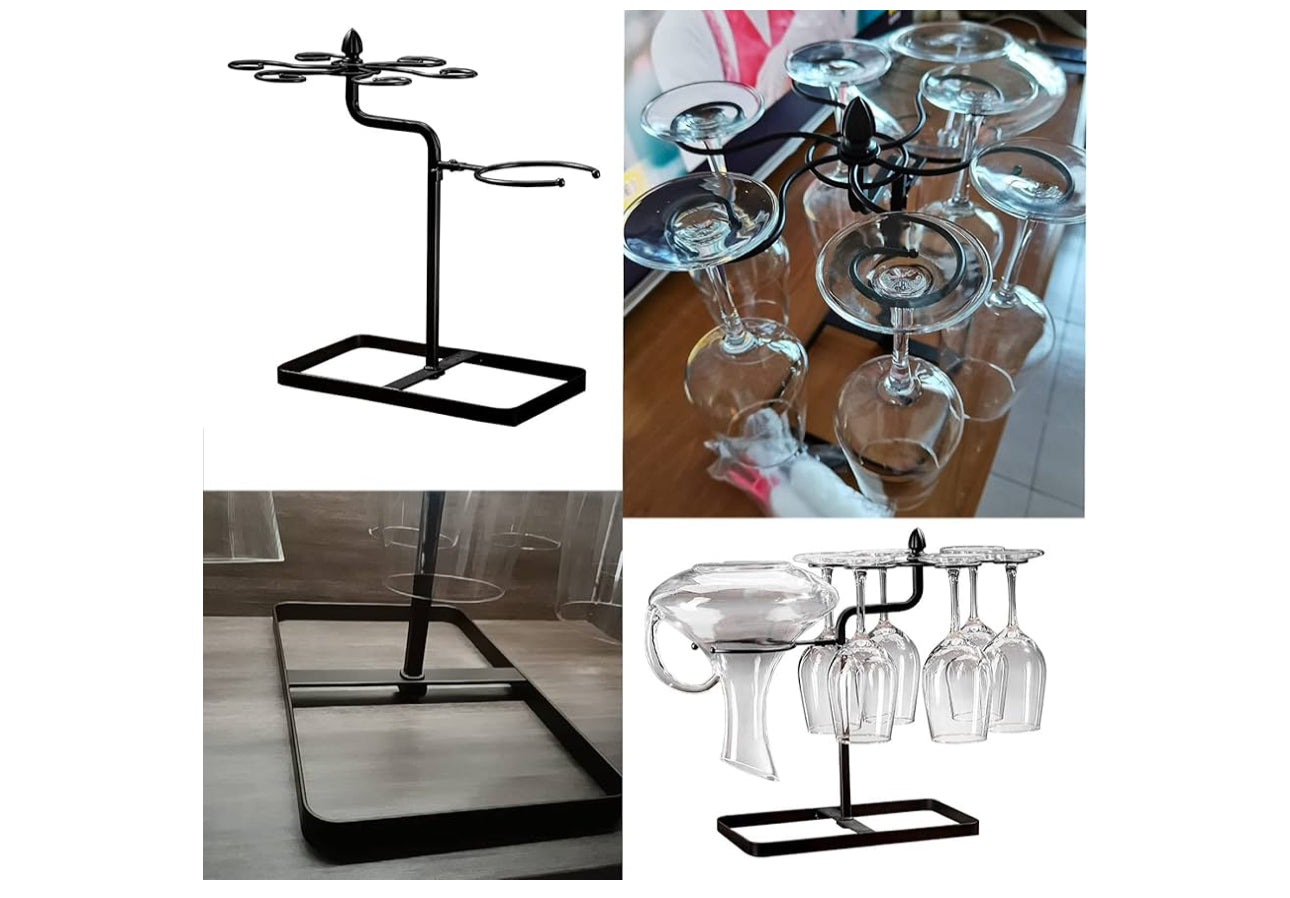 MHome Wine Glass Hanging Rack with 6 Hooks, Metal Iron Free Standing Wine & Wine Decanter Holder Black Only.
