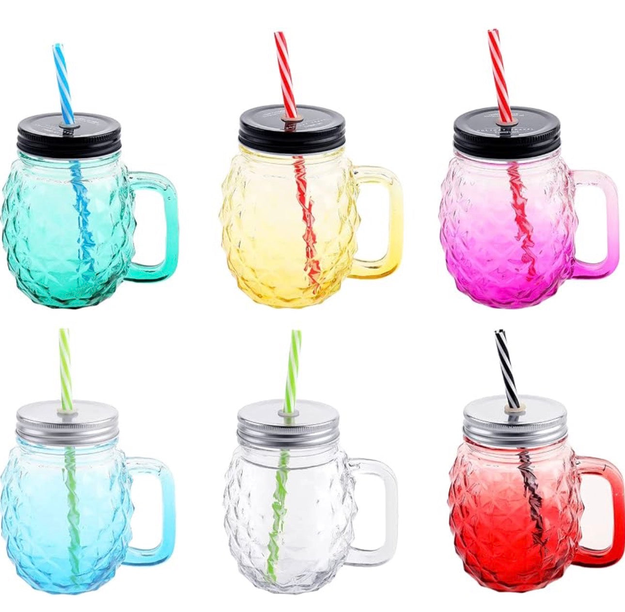 MHome Pineapple Mason Jars Sturdy Juice Glassware Gradient Glass 6pc set with Leak-Proof Lid and Straw Spill Proof Beverage Mugs Suitable for School and Work