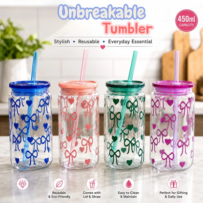 MHome Unbreakable Plastic Tumbler 450ml with Lid and Straw – Bow Print Sipper Glass for Cold Coffee, Juice and Water