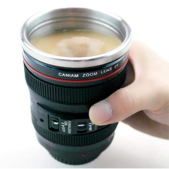 Camera Lens Coffee Mug | Steel Insulated Travel Tea Cup, Thermos Flask 400 ML, Black.