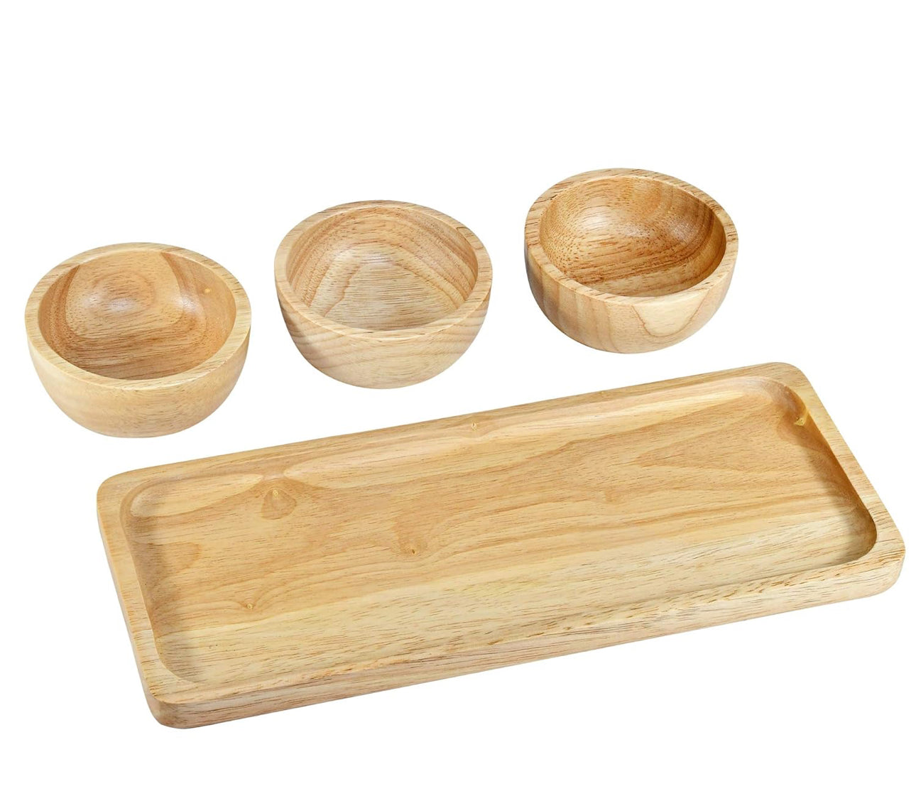 MHome 3pc Bamboo Snack Plate Set – Wooden Condiment Tray with 3 Serving Bowls