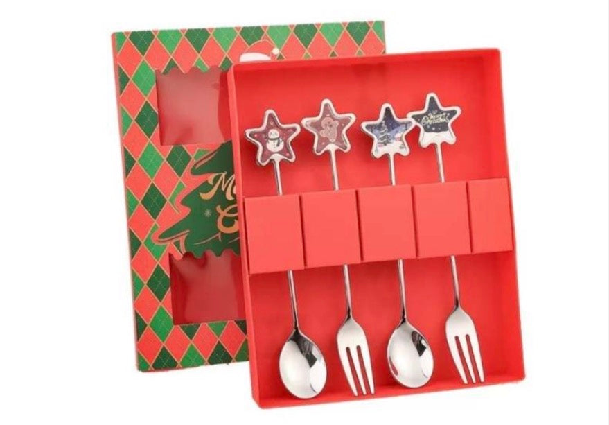 MHome Christmas Dessert Cutlery Spoon & Fork Set 4pc in Gold or Silver Options