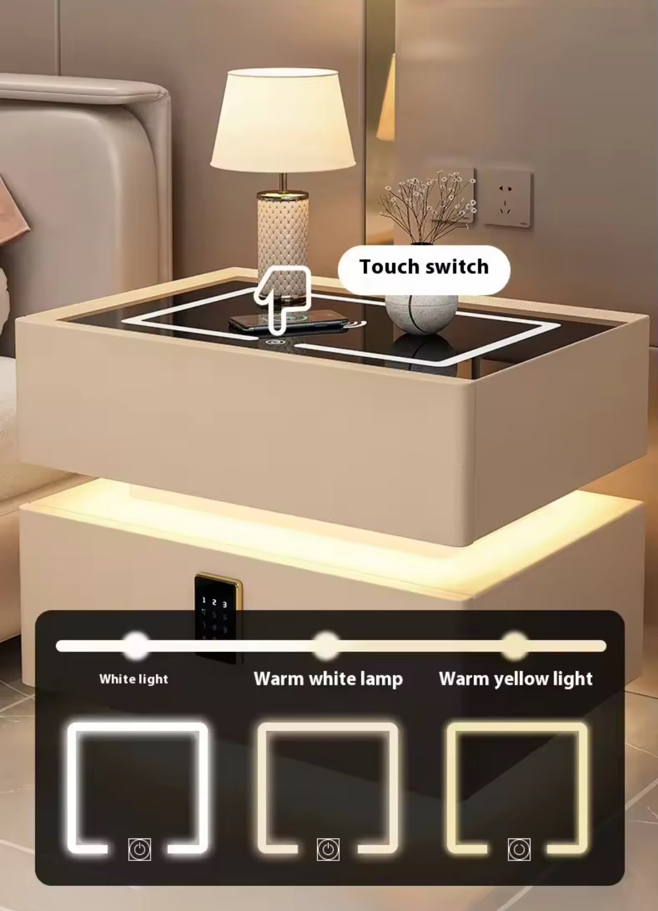 Nordic style smart bedside cabinets with wireless charging, Bluetooth speaker, LED strip, and secure password lock drawer-Available In Various Colours PreOrder Sales Now Available!