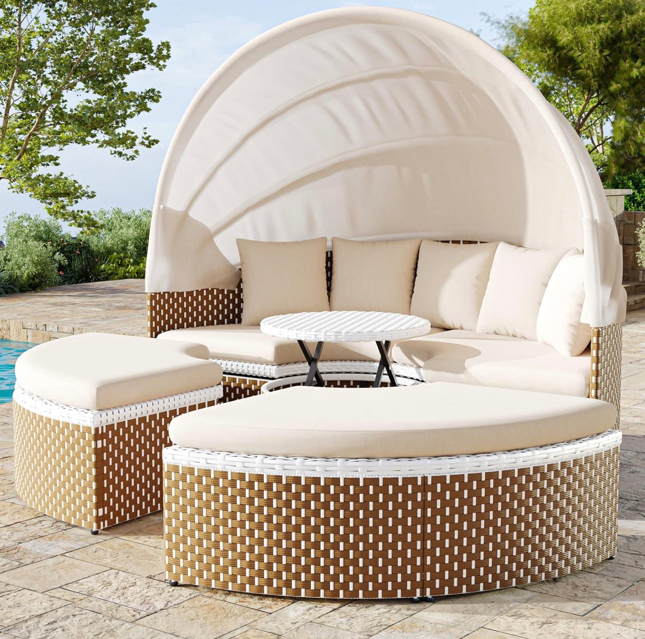 MFURN Rattan Sun Island with Foldable Sun Canopy, Polyrattan Lounge Set Including Cushions & Height-Adjustable Coffee Table, Outdoor Sun Lounger, Garden Lounger, for Garden, Patio, Porch-Pre-Order Sales Now Available