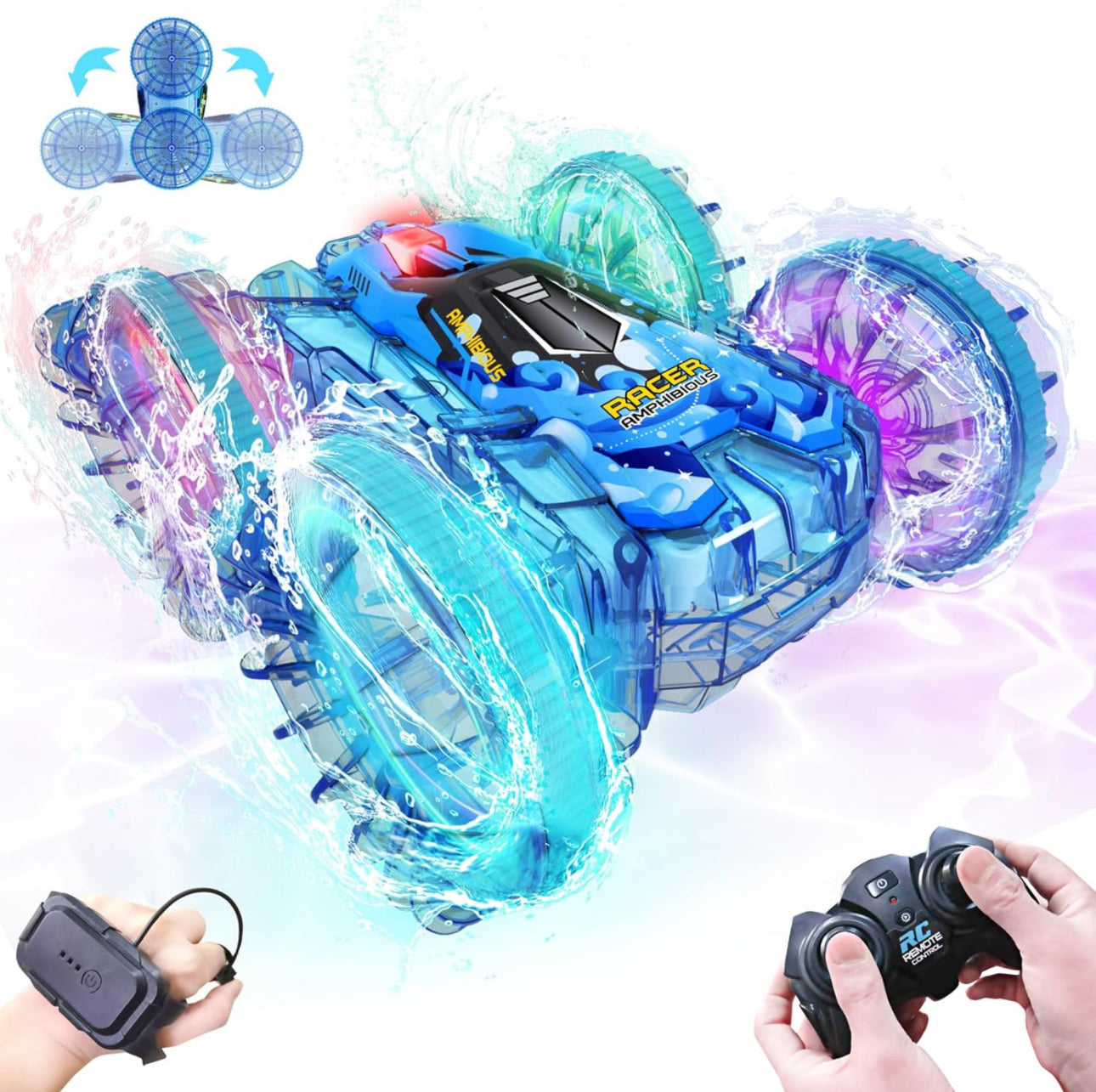 Amphibious Remote Control Car, RC Car with Lights 2.4GHz Waterproof RC Stunt Car 360° Flips Rotation, All Terrain Water Beach Pool Toys for Kids, Gifts for Boys Girls