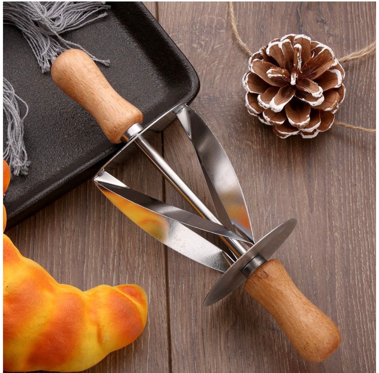 MHome Stainless Steel Croissant Rolling Cutter Bread Dough Pastry Making Tool with Wooden Handle