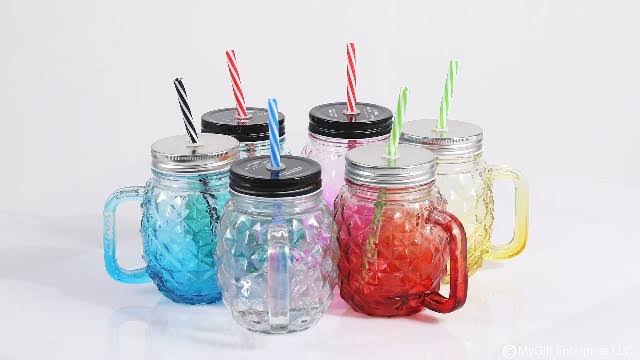 MHome Pineapple Mason Jars Sturdy Juice Glassware Gradient Glass 6pc set with Leak-Proof Lid and Straw Spill Proof Beverage Mugs Suitable for School and Work