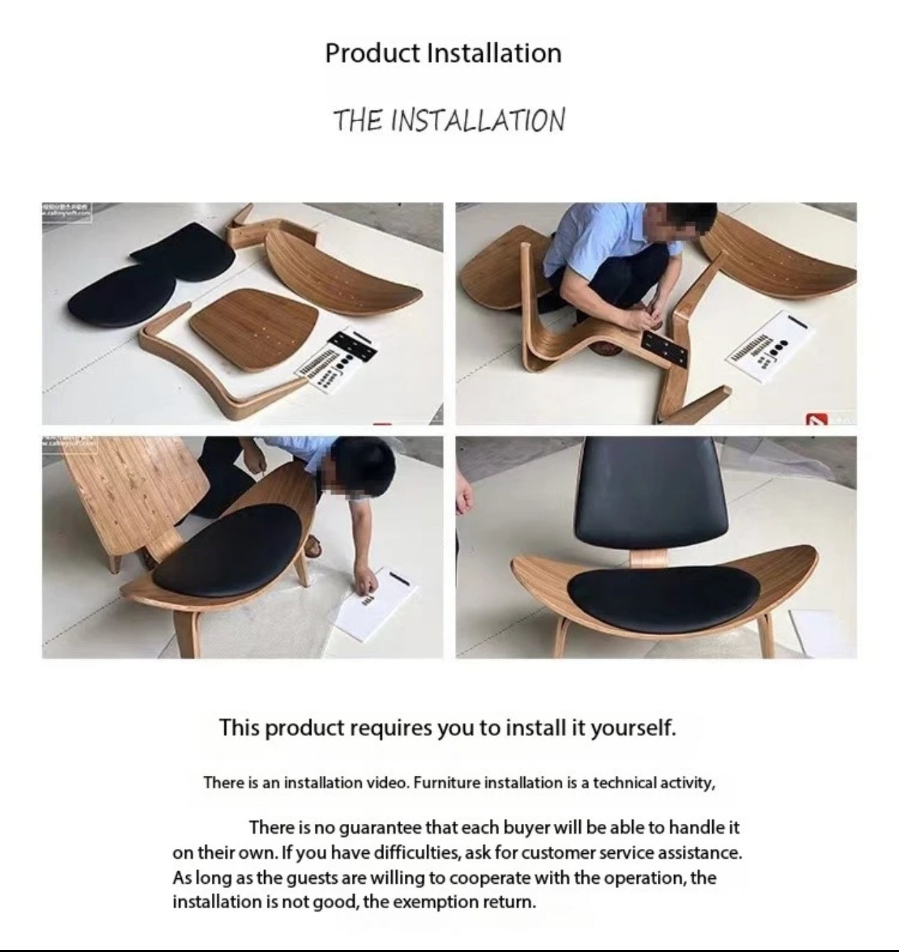 Three-Legged Shell Chair Mid Century Modern Lounge Chair with Black Leather Molded Plywood Accent Chair Reading Side Chair for Bedroom, Study, Office, Living Room-PreOrder Sales Available