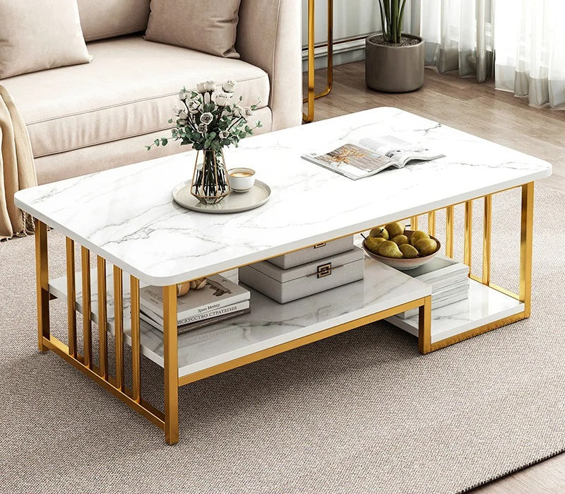 MFurn Modern Faux Marble Coffee Table – Dual-Layer Storage, Gold Frame