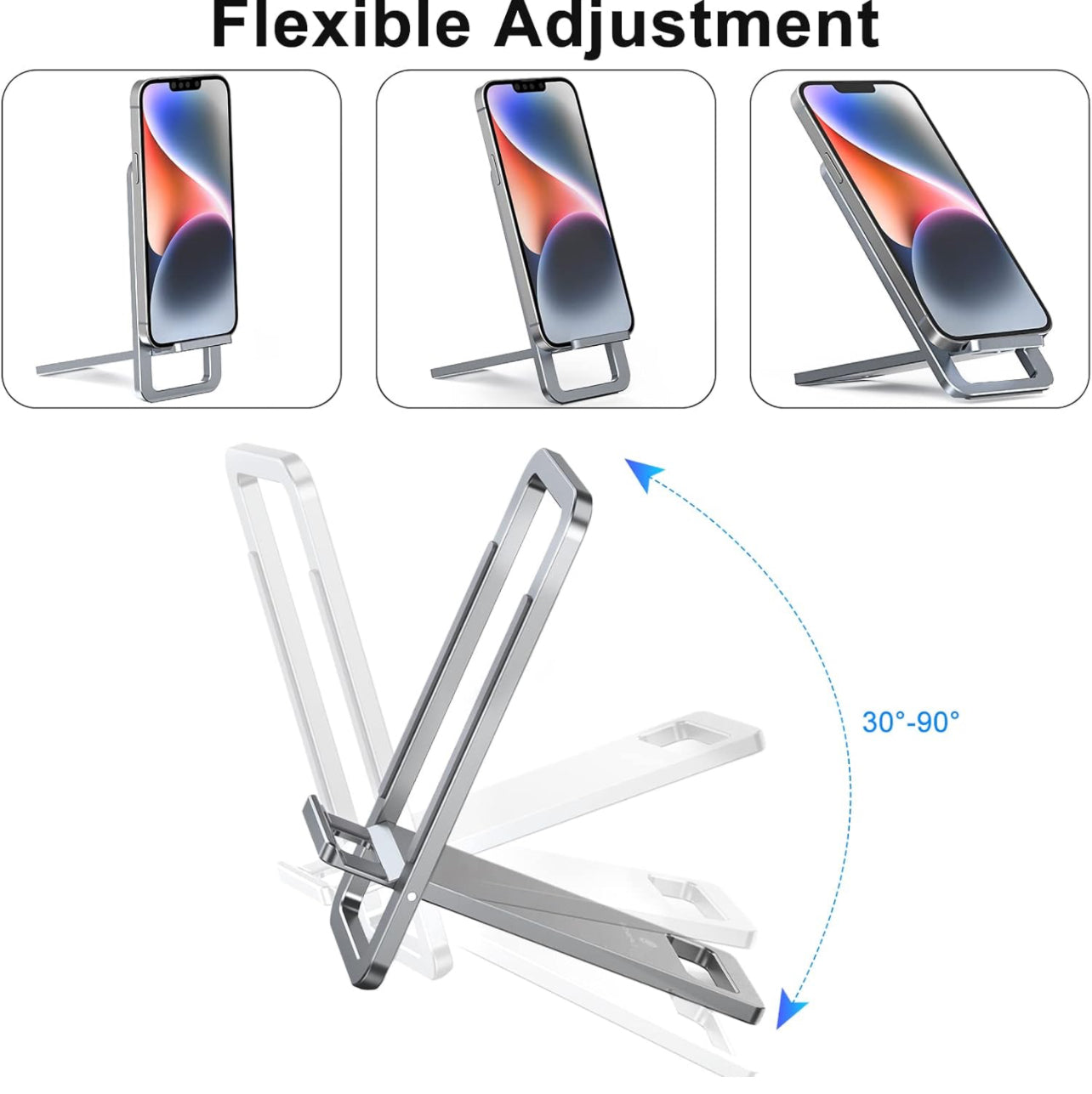 Portable Folding Phone Stand, Aluminum Desk Mobile Phone Stand, Lightweight Phone Bracket for Travel, Foldable Cell Phone Stand, Compatible with iPhone, iPad, All Android Smartphone | Silver